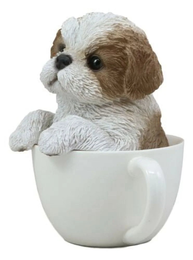 5.75” Realistic Shih Tzu Dog in Teacup Garden Statue, Hand Painted