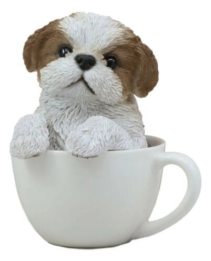 5.75” Realistic Shih Tzu Dog in Teacup Garden Statue, Hand Painted