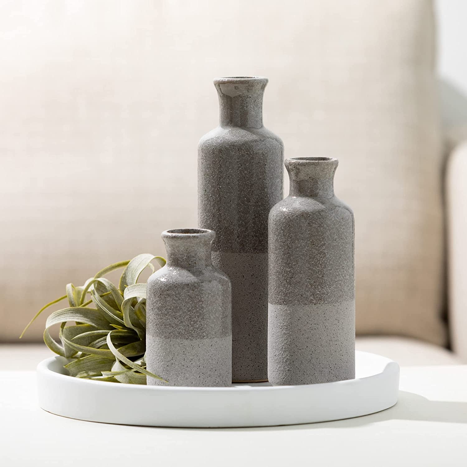 Two-Toned Grey Ceramic Vase Set, Farmhouse Decor, Home Decorative Vases for Your Kitchen, Bedroom, Office, Living Room, Bathroom, & Shelf Centerpiece Table Decorations (CM2859)