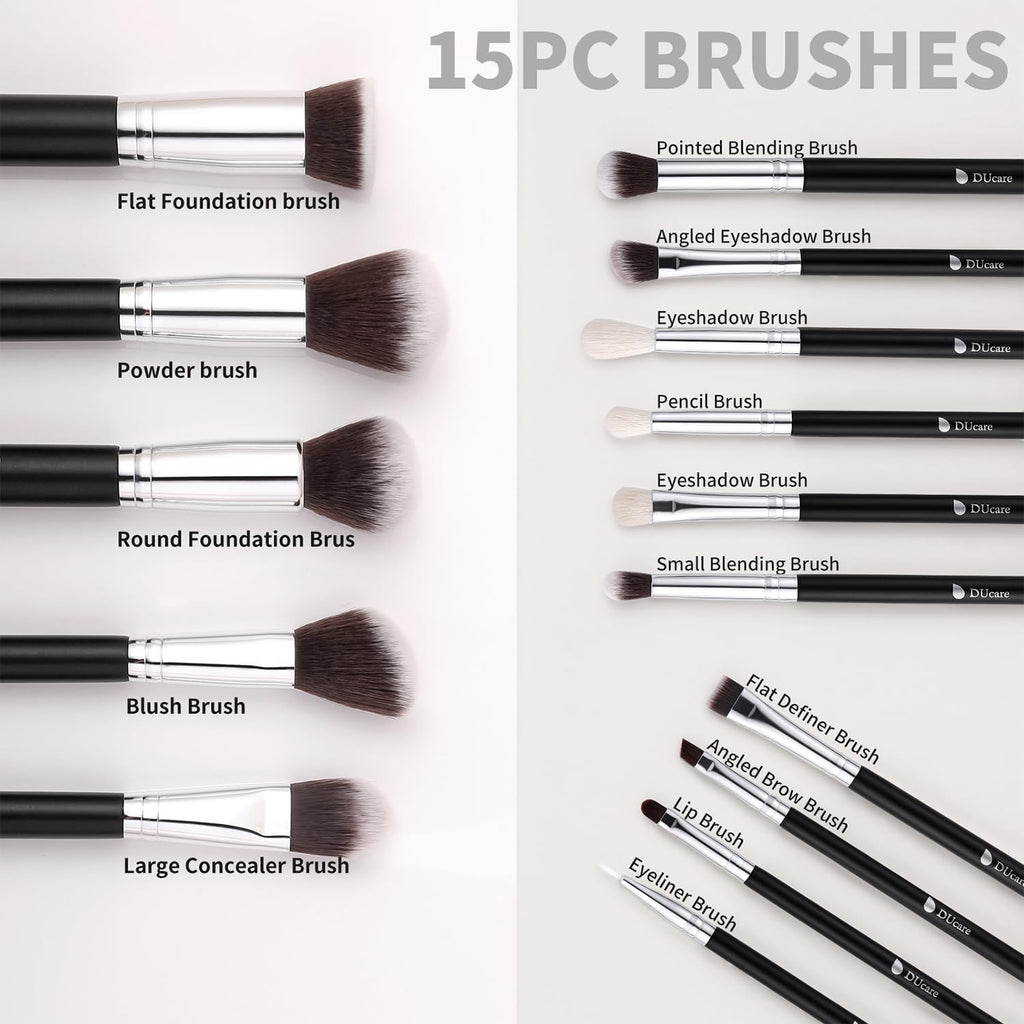 Makeup Brushes with Bag,15Pcs Makeup Brush Set Christmas Gift Travel Kabuki Foundation Blending Blush Eyeliner Shadow Brow Concealer Brushes Kit Black