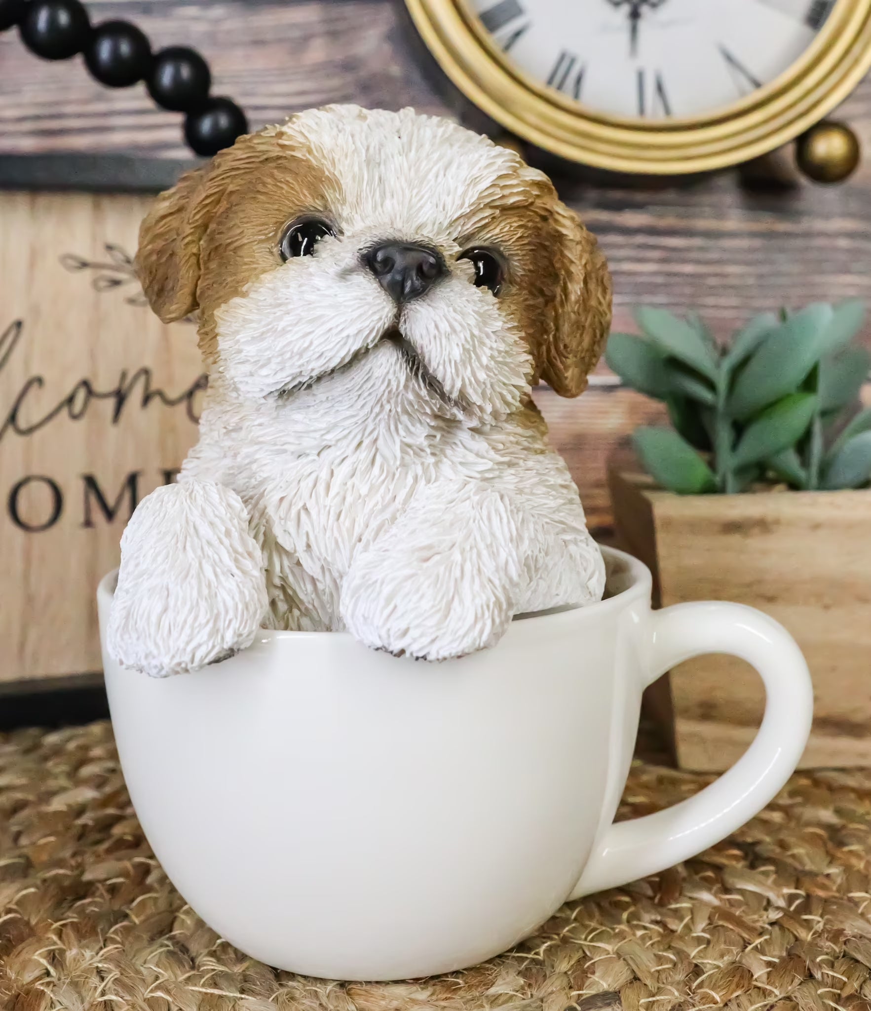 5.75” Realistic Shih Tzu Dog in Teacup Garden Statue, Hand Painted