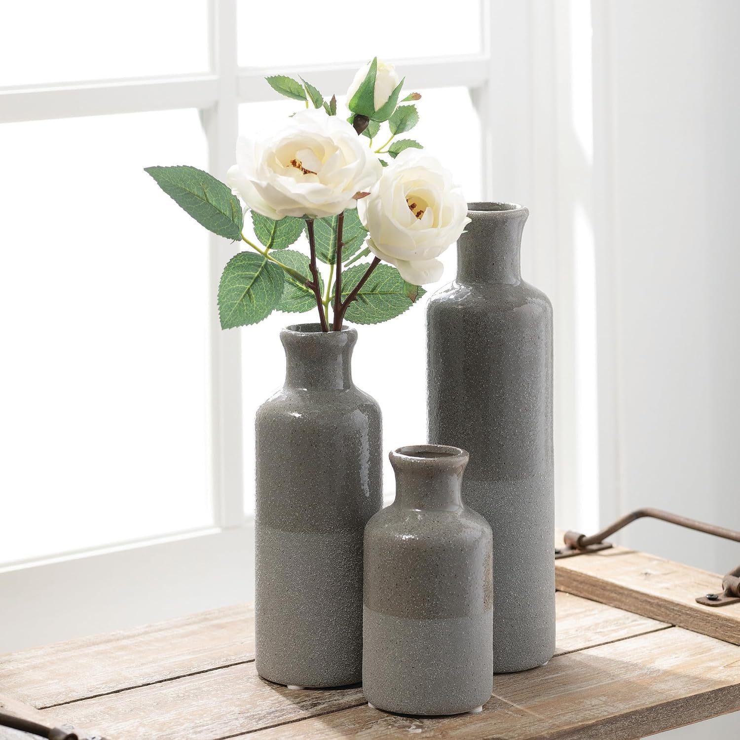 Two-Toned Grey Ceramic Vase Set, Farmhouse Decor, Home Decorative Vases for Your Kitchen, Bedroom, Office, Living Room, Bathroom, & Shelf Centerpiece Table Decorations (CM2859)